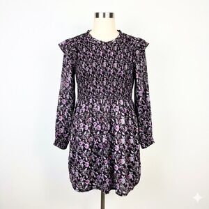 GAP Womens Floral Print Long Sleeve Ruffle Trim Smocked Mini Dress Large‎ Boho